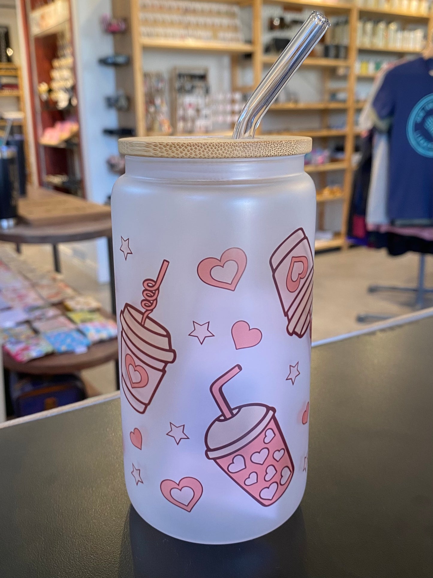 Pink Coffee Cups Frosted Glass Tumbler
