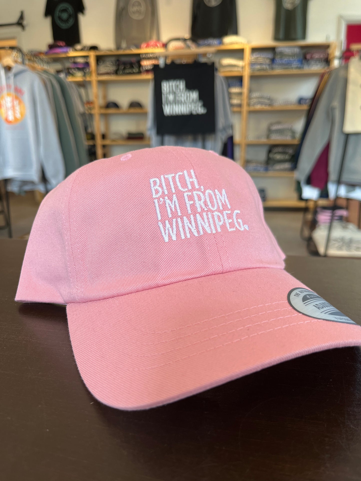 Bitch, I'm From Winnipeg Dad Hat | White on Pink